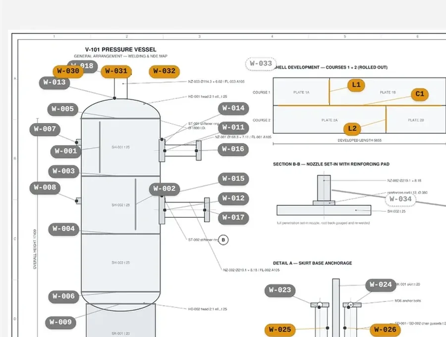 The weld map of vessel V-101 in Worgify, with the status of every joint