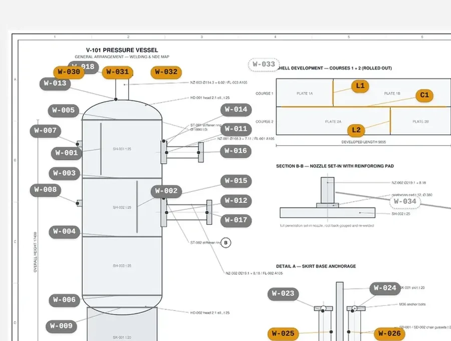 La mappa di saldatura del recipiente V-101 in Worgify, con lo stato di ogni giunto